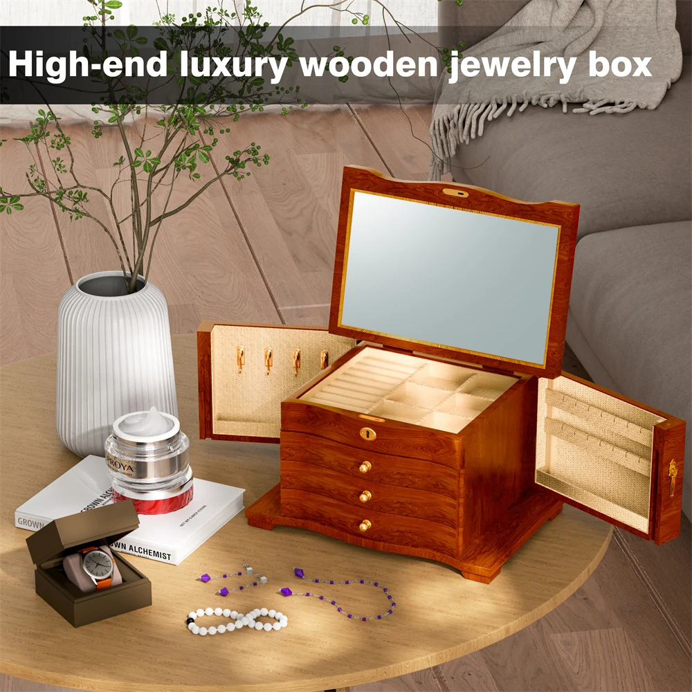 

YB New Red Wooden Jewelry Box Large Lockable Bracelet Earrings Necklace Ring Display Stand Box for Jewelry Woman Jewelry Displa