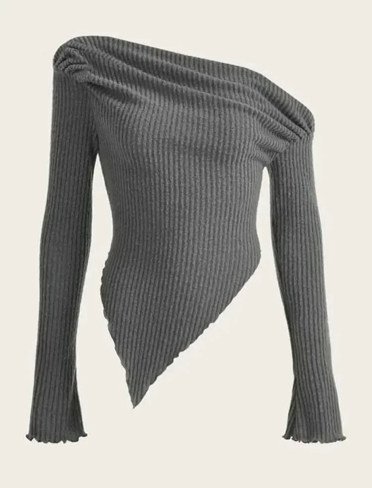 

Women Solid Autumn Winter Grunge Asymmetrical Neck Rib-knit Tee Strapless Blouse Long Sleeve Casual Sweater