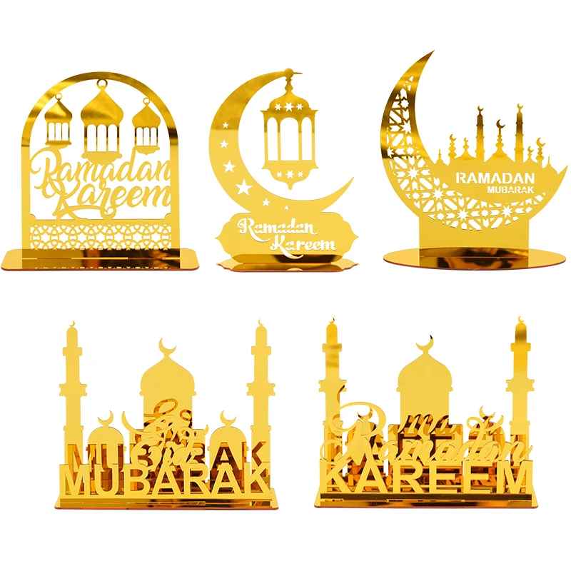 Acrylic Eid Mubarak Ornament Ramadan Kareem Desktop Gold Star Moon Hollow Out Decorations Islamic Muslim Party Decor Supplies