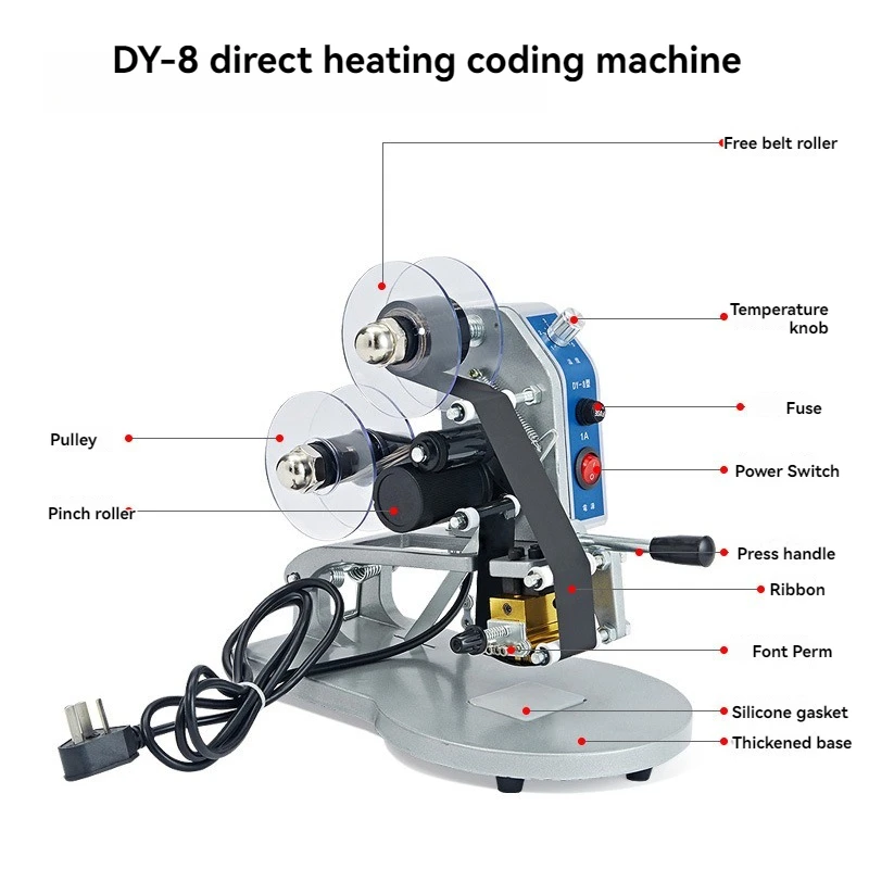เครื่องพิมพ์รหัสวันที่ผลิต DY-8 สามารถพิมพ์ได้สามบรรทัด เครื่องพิมพ์แบบพิมพ์โดยตรง พร้อมริบบิ้นพิมพ์รหัสวันที่