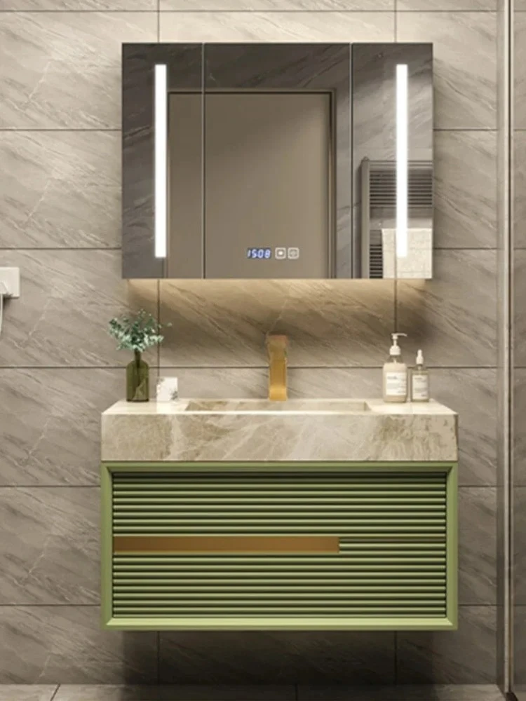 

Комбинация шкафов для ванной комнаты из шифера. Современная роскошная раковина. Дубовый умывальник. Интеллектуальный зеркальный шкаф с двойной раковиной.