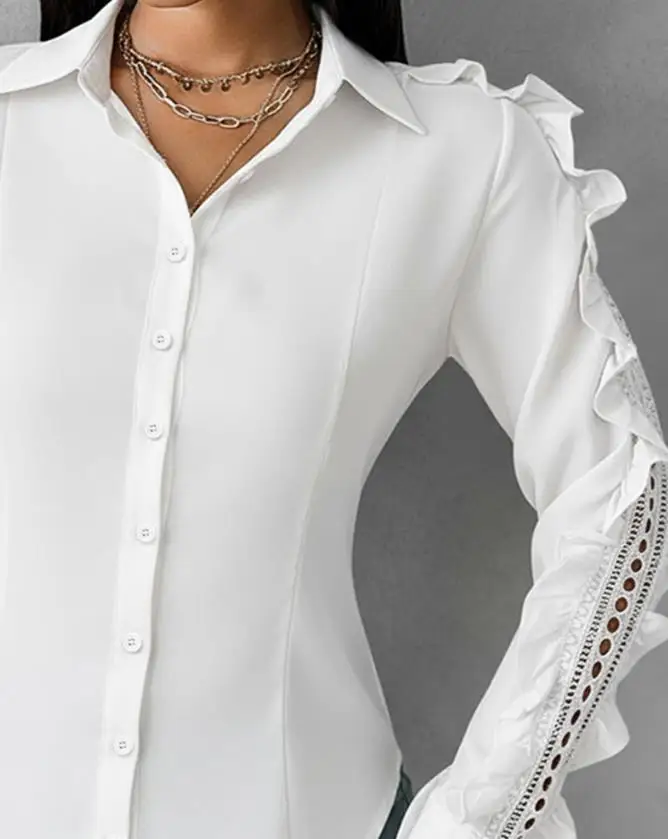 

Woman Blouse 2025 Spring New Turn-Down Collar Ruffles & Hollow-Out Design Long Sleeve Blouse Button Front Asymmetrical Hem Top