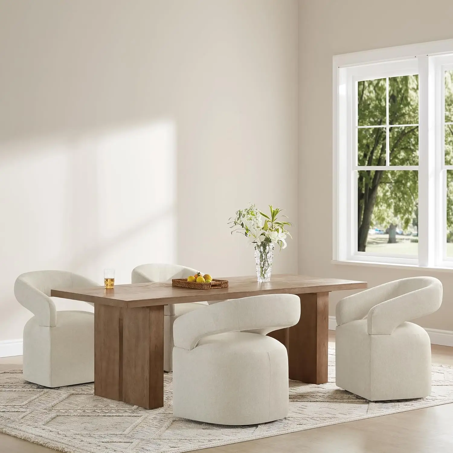 Upholstered Dining Chair with Removable Casters Barrel Side Armchair with Rollers for Diningroom Bedroom Livingroom Reading Room