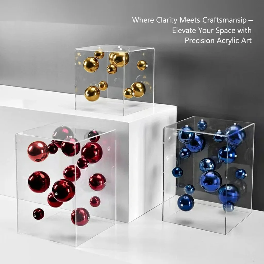 

Modern Luxury Floating Golden Ball Sculpture in Clear Acrylic Cube, Abstract Art Ornament for Office Desk Home Decro