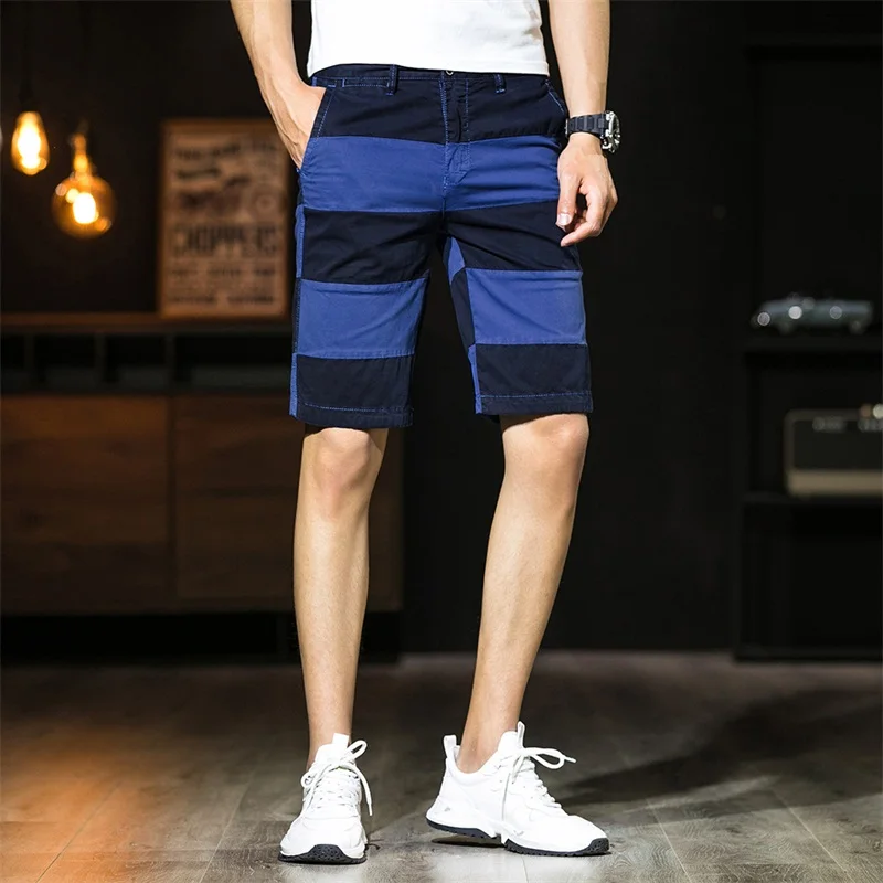 Summer Men's Cargo Shorts Patchwork Shorts Cotton Casual Half Pants Mid Waist Striped Loose Shorts Outdoor Overalls High Quality