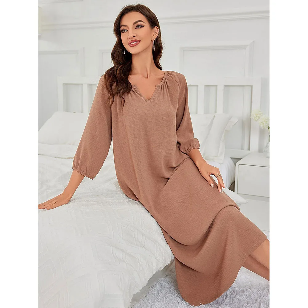 

Simple V-Neck Women's Nightdress 2023 Casual Solid Three Quarter Sleeve Long Home Pajamas Autumn Loose Cotton Outing Sleepwear