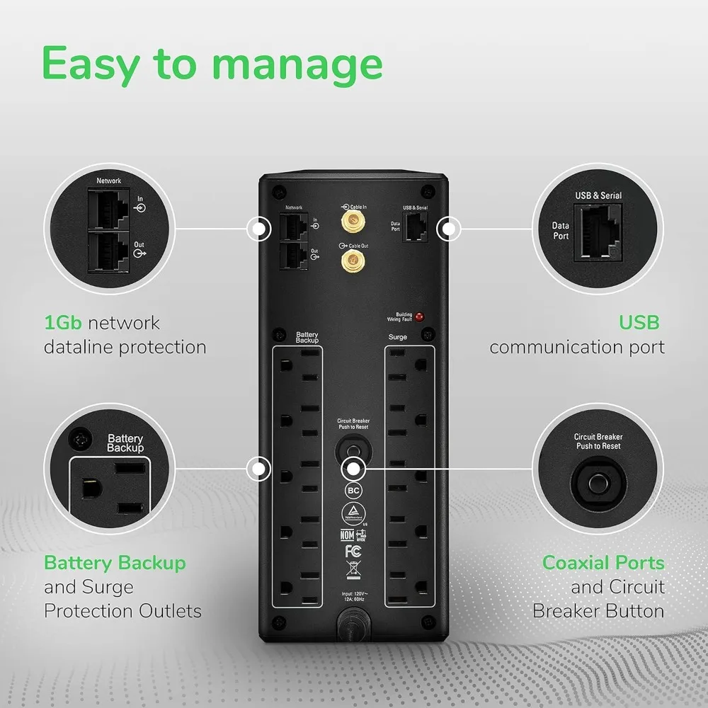 UPS 1500VA UPS بطارية احتياطية وواقي من زيادة التيار، BX1500M مزود طاقة البطارية الاحتياطية، AVR، حماية Dataline