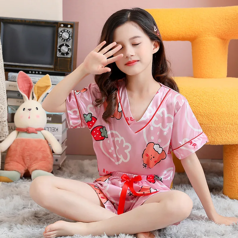 2pcs Infant Baby Boy Girl Pajamas Silk Satin Top Pajama Sets For Girls Sleepwear Top Pants Suit Pink Long/Short Children Pyjamas