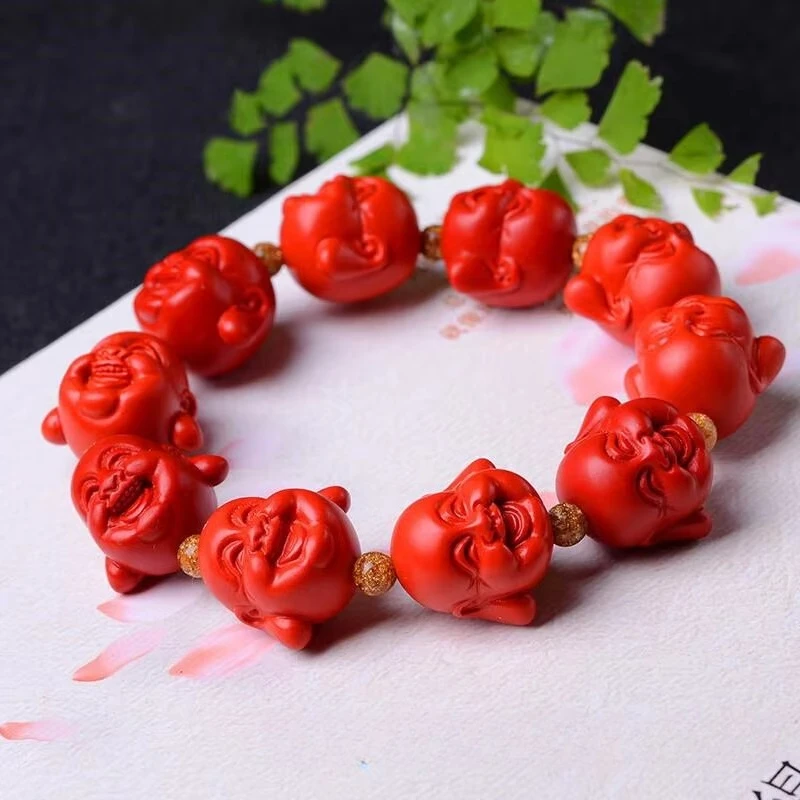 

Chinese Buddhism Beads Red Organic Cinnabar Elastic Bracelet Natural Fashion Handmade Man Ahd Woman Luck Gifts
