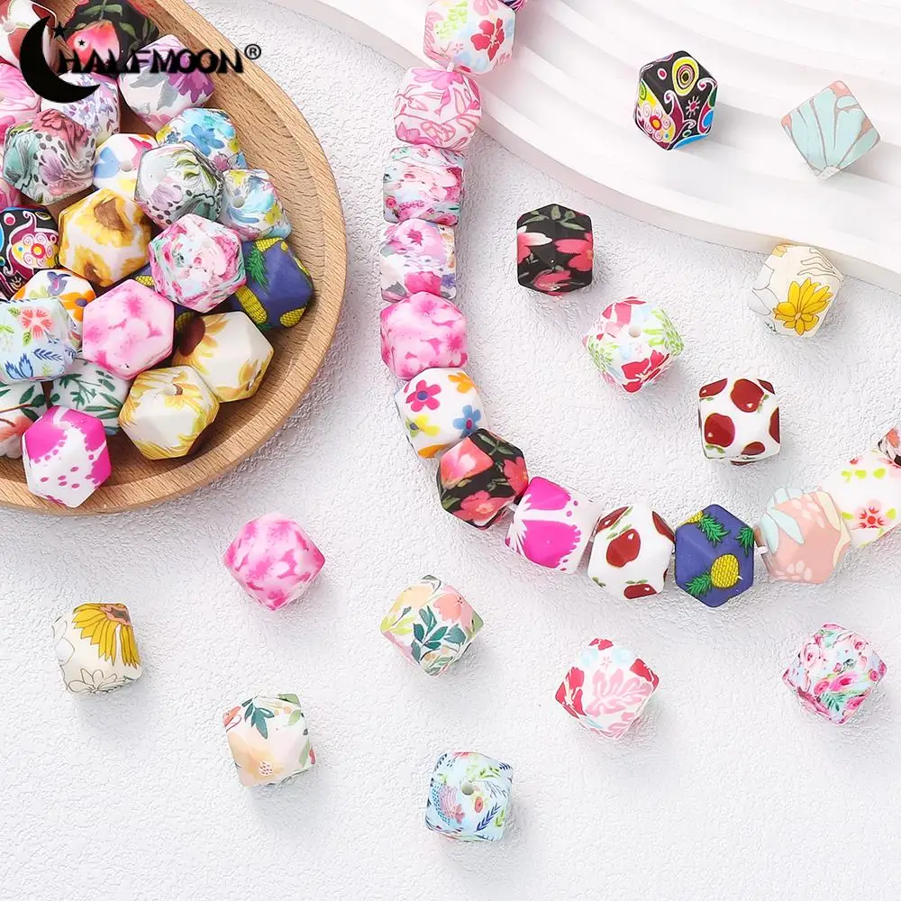 10 adet yeni silikon boncuk çiçek baskı sekizgen yuvarlak gevşek boncuk anahtarlık takı yapımı için DIY bilezik el yapımı aksesuarları