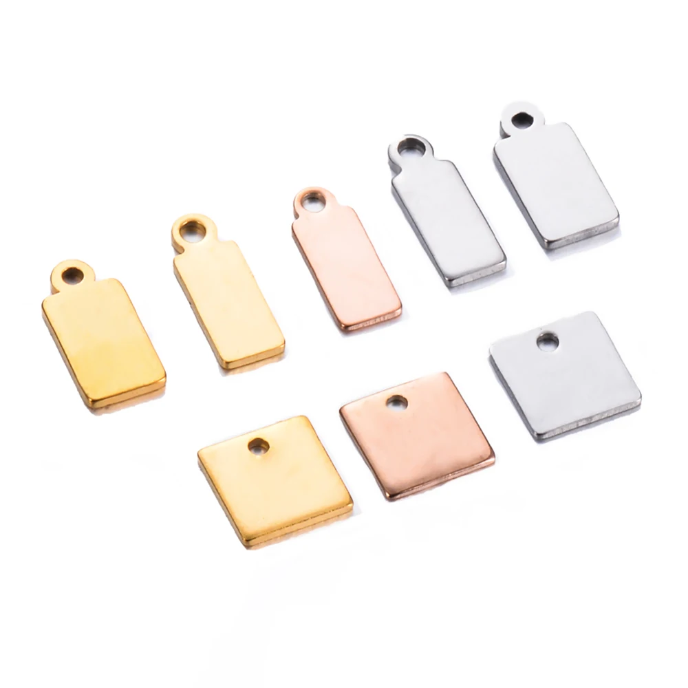 50pcs Silver Gold Rose Tone Stainless Steel Small Rectangle Tag for Logos DIY Charms Jewelry Finding Not Turn Off Color