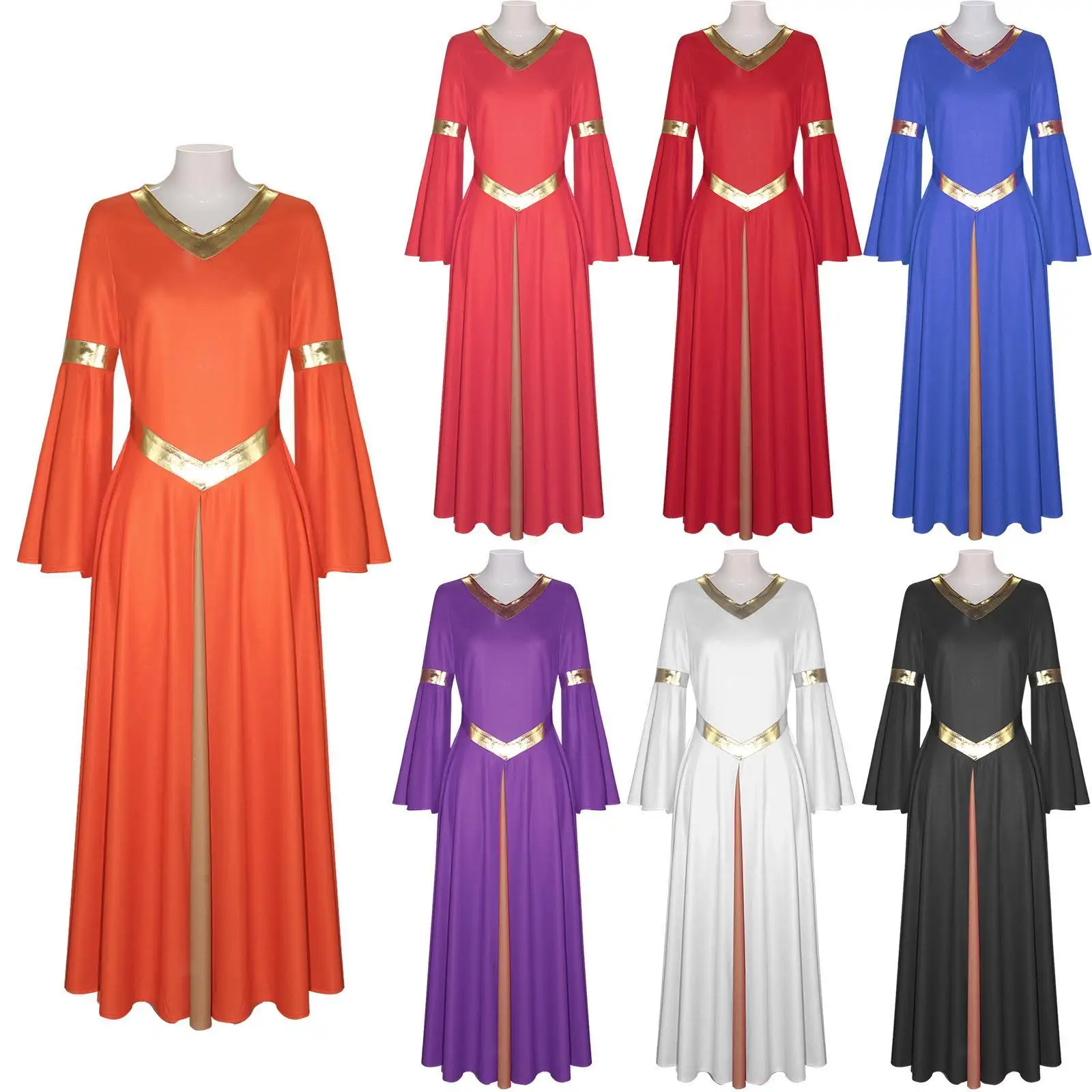فستان رقص نسائي بأكمام طويلة وياقة على شكل V مع حواف ذهبية، زي أداء مسرحي، تنورة طويلة للكنيسة، زي بثيم الهالوين #2