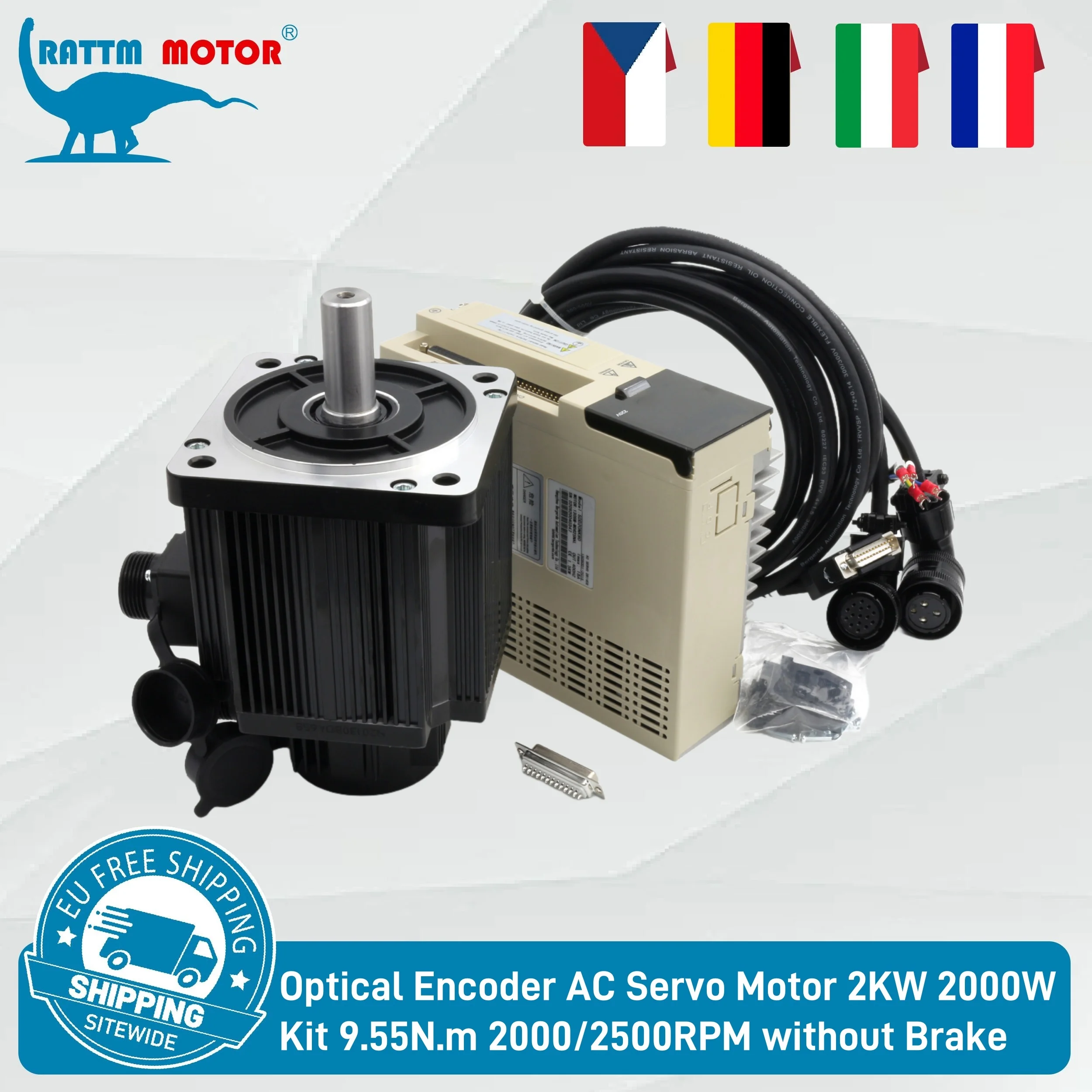 【EU Store】Optical Encoder 130F-1020WDL AC 220V Servo Motor 2KW Kit 9.55N.m 2000/2500RPM no Brake + SDF20NK9X driver + 3M wire