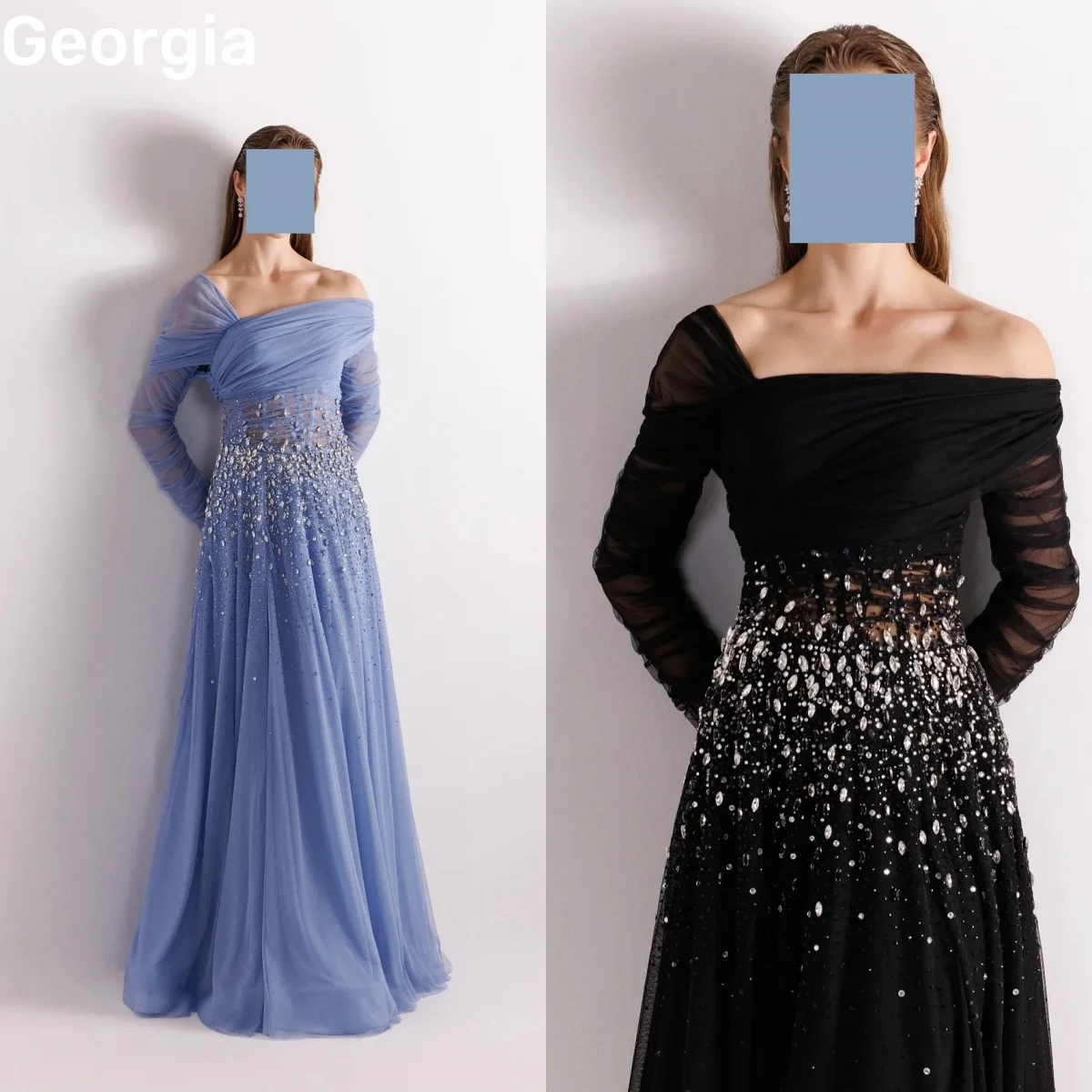 

Black Luxury Evening Dresses Customized A-Line Square Neckline Floor-Length Prom Dresses Beadings Zipper Up Long Sleeves Wedding
