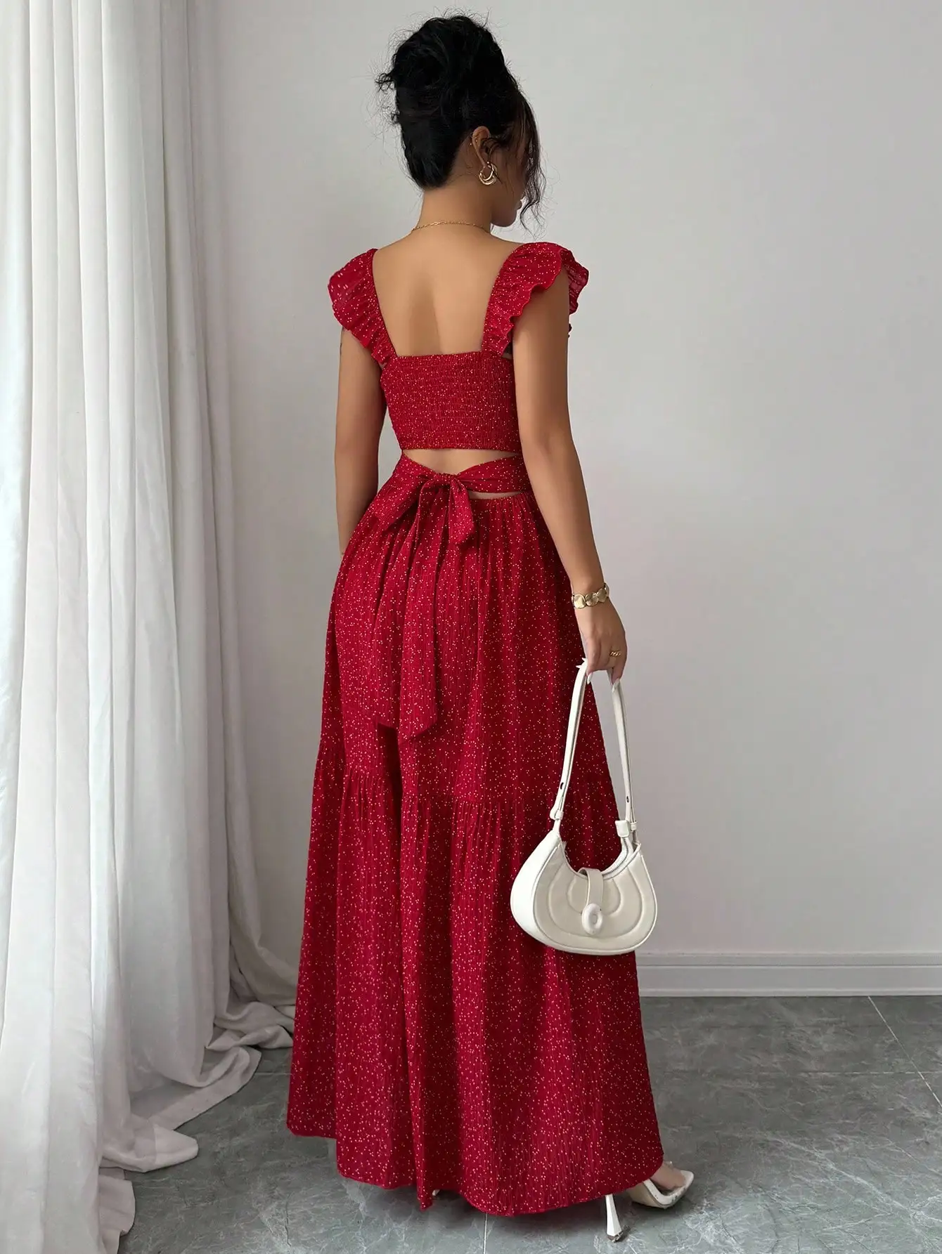 Vestido Maxi Vermelho com Poás para Mulheres, com Mangas em Camadas e Laço nas Costas, Estilo Elegante de Verão