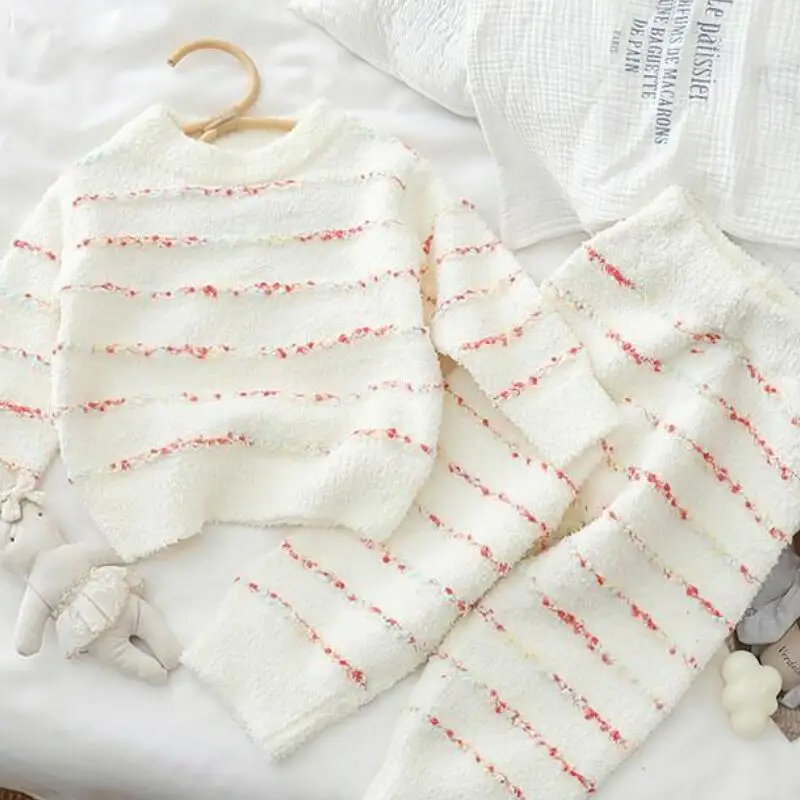 

Комплект из 2 предметов, детская домашняя одежда, осень-зима 2025 г., мужская одежда для сна для малышей, двух утолщенная теплая полосатая полуфлисовая одежда для девочек