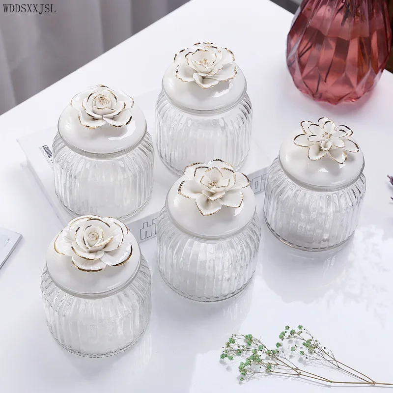 

Glass pot Nordic ceramic tracing gold porcelain flower glass sealed jar jewelry box seasoning bottle home kitchen storage jar