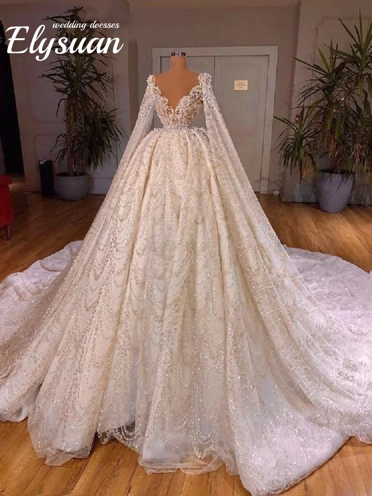 

Романтическое блестящее свадебное платье по индивидуальному заказу, свадебное бальное платье с v-образным вырезом и жемчугом, роскошное платье с длинными рукавами и шлейфом, Vestido De Noiva