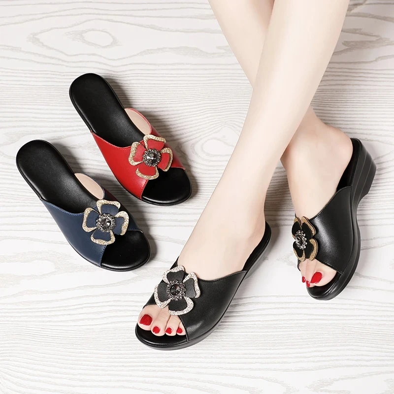 Summer Women‘s Slippers Sandals High Heel 5cm Fashion Platform Genuine Leather Slides Ladies Shoes Non-slip Casual