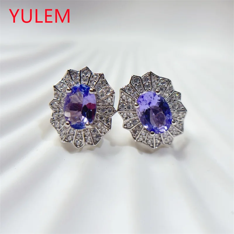 

100% Natural tanzanite Stud Earrings 925 Sterling Silver Fine Jewelry Gemstone 5x7mm for Women Birthday Party