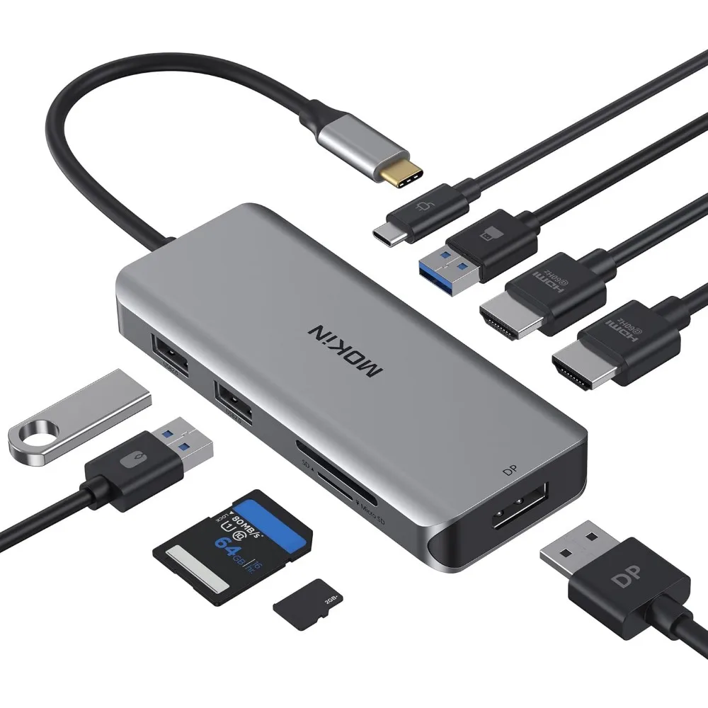 

9-in-1 USB-C Hub with Triple Display, 2 HDMI 4K, DisplayPort, PD Charging for MacBook & Laptops