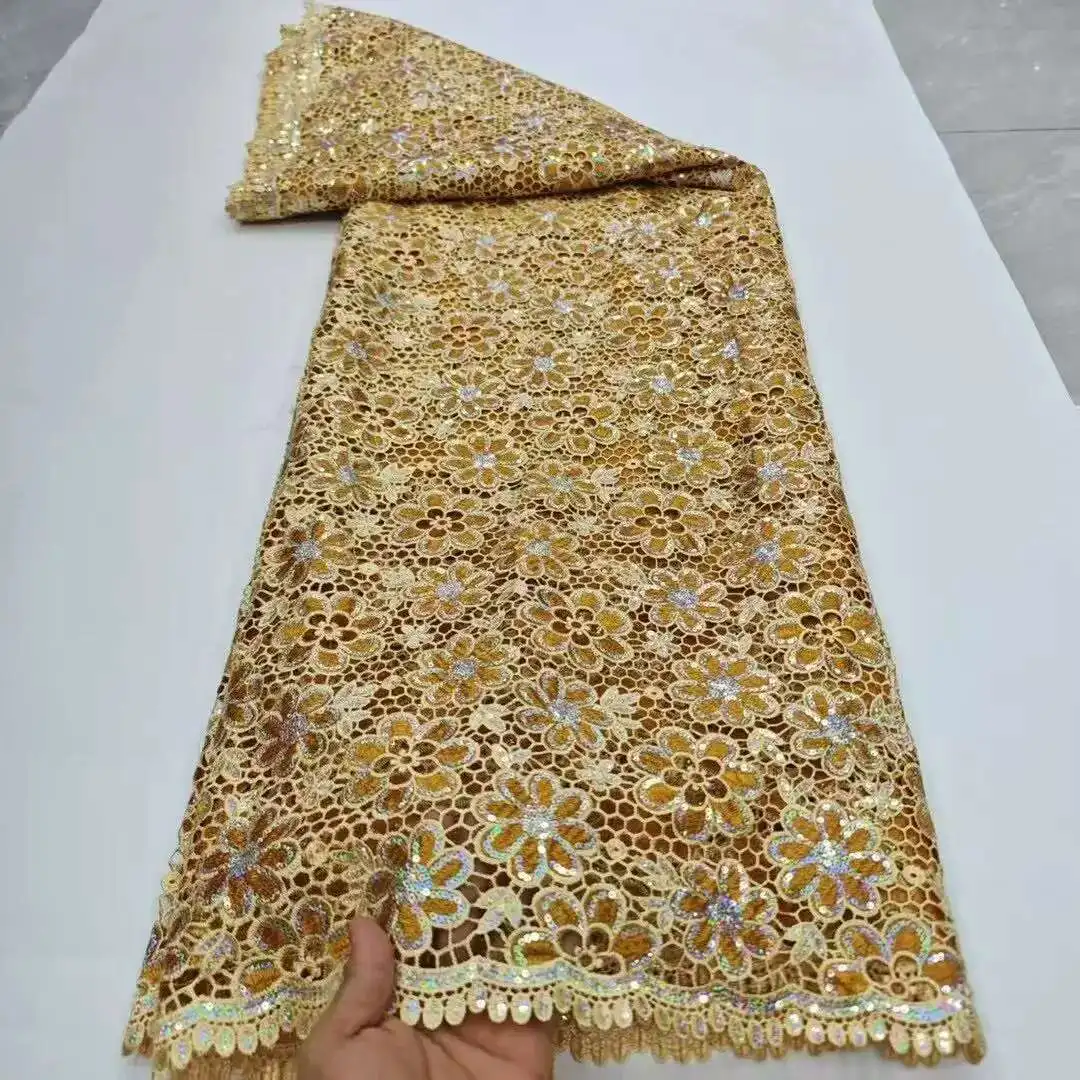 

New Design African Guipure Cord Lace Fabric with Sequins 2025 High Quality Nigerian Mesh Lace Fabrics Luxury for Wedding Dresse