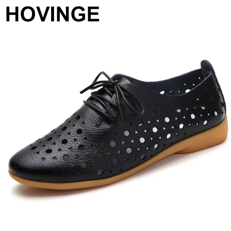 2025 Women Shoes Casual Fashion Genuine Leather Hollow Out Cowhide Breathable Antiskid Light Soft Comfort Trend Lace Up Flats