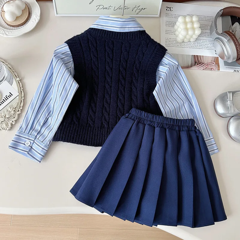 Girls' Suit Skirt Spring and Autumn2024New Western Style Children's Wool Vest Striped Shirt College Style Three-Piece Suit Fashi