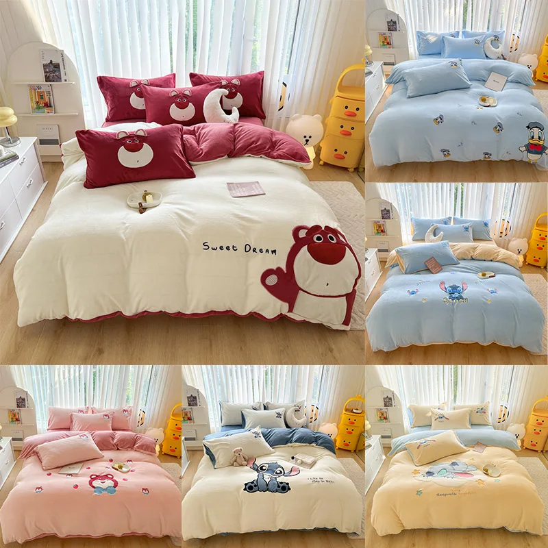 Disney Milk Velvet Bedding Set Stitch Mickey Lotso Flannel Winter Warm Home Textile King Queen Duvet Cover Bed Sheet Pillowcase