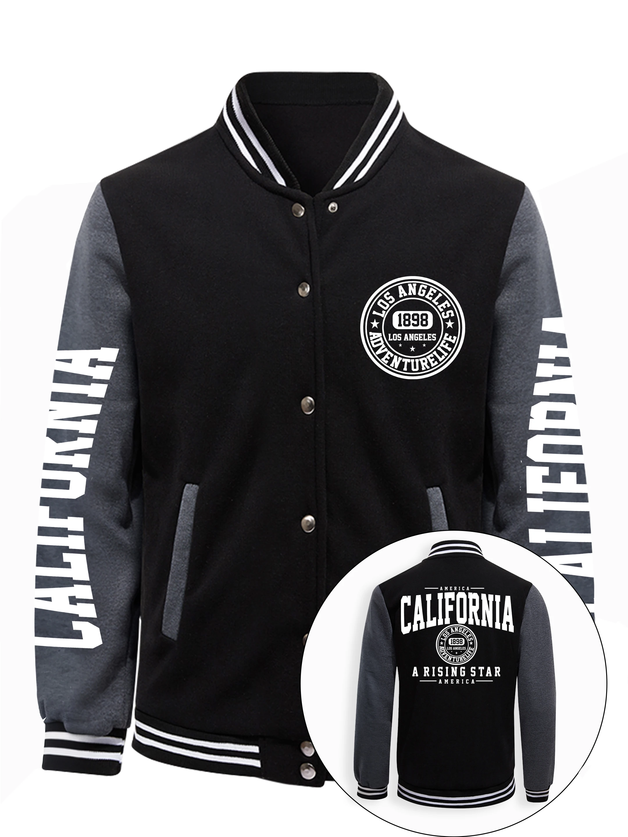 

America California A Rising Star Pattern Male Baseball Jacket Harajuku Fleece Coat Sport Casual Clothing Button Loose Tops Men