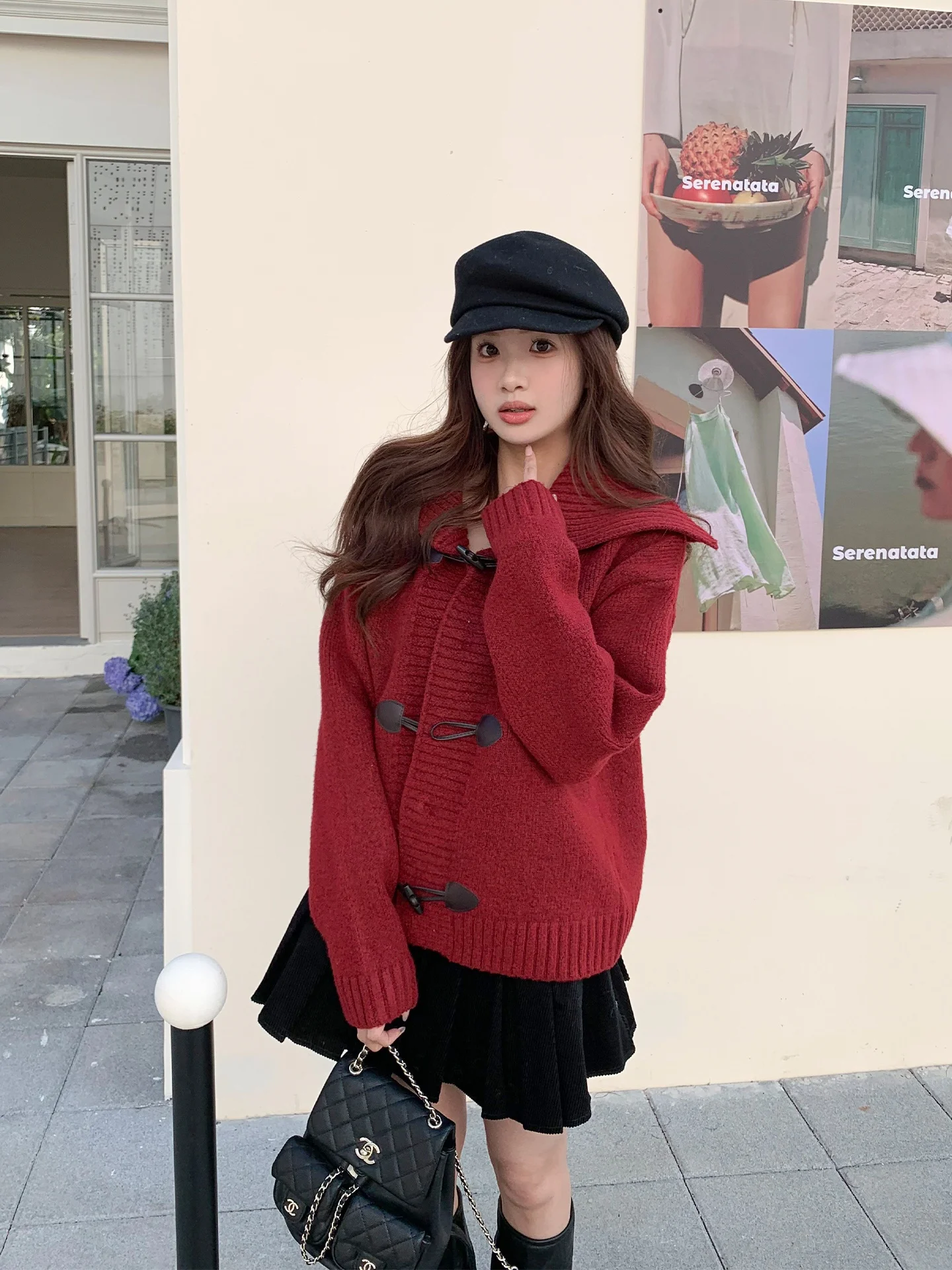 

Red Knitted Loose Women's Sweater Coat Vintage Sle Button up Cardigan Winter Warm Outerwear for New Year's Celebration