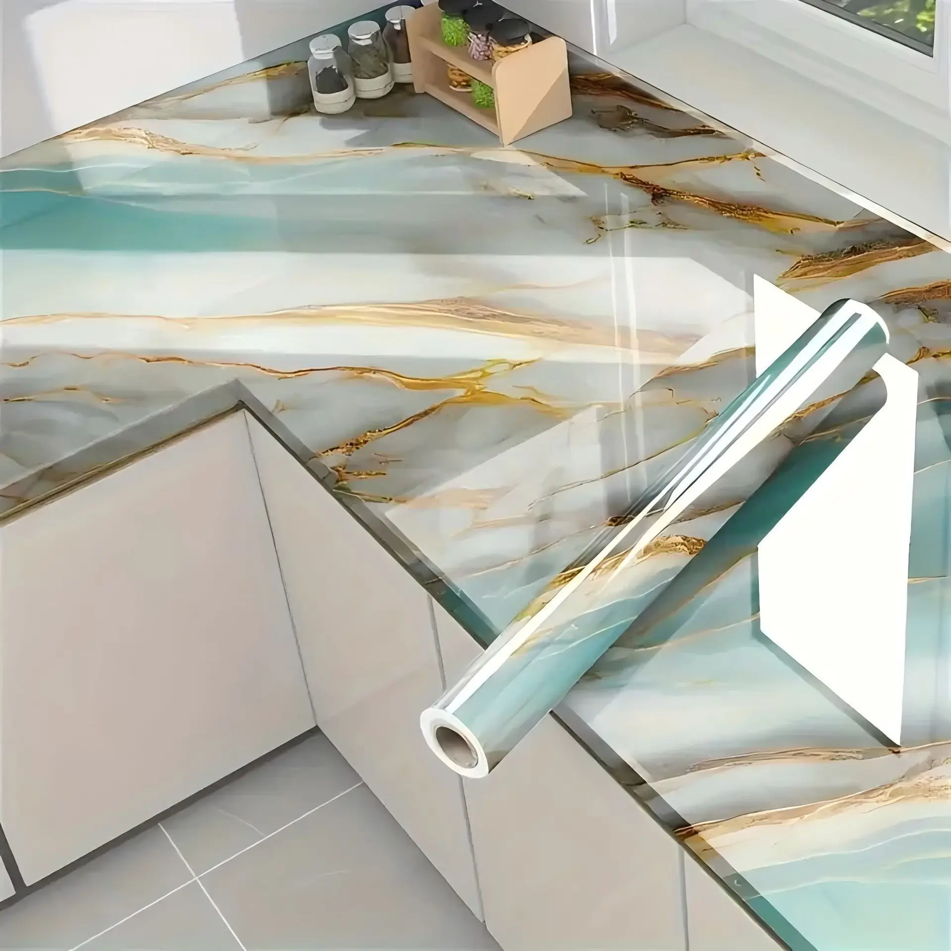 Self‑Adhesive Marble Wallpaper 60×300cm Waterproof Oil Proof Heat Resistant Kitchen Countertop Cabinet Stove Sticker Home Decal
