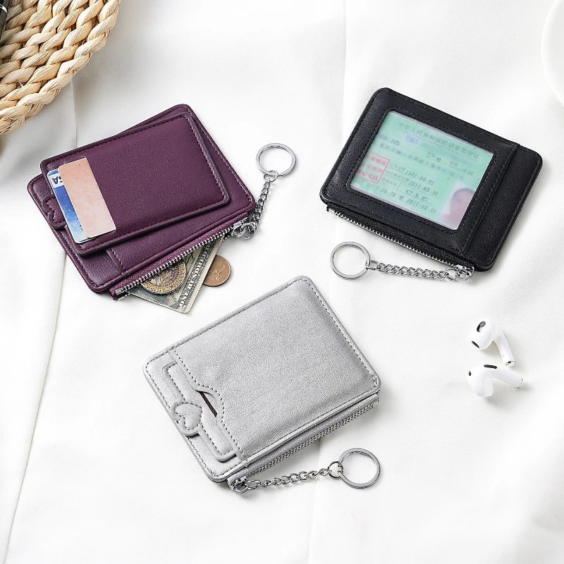 

Fashion PU Leather Business ID Card Holder Credit Badge Holder Bus Cards Cover Coin Purse Wallet With Keychain