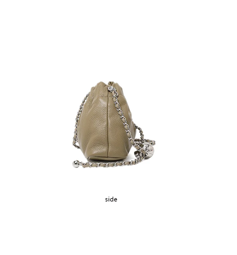 Leichte Litchi-Textur Echtes Kuhleder Cloud Bag Damen Kordelzug Tasche mit Raffdesign Metallkette Crossbody Mini-Geldbörse – Detail 9