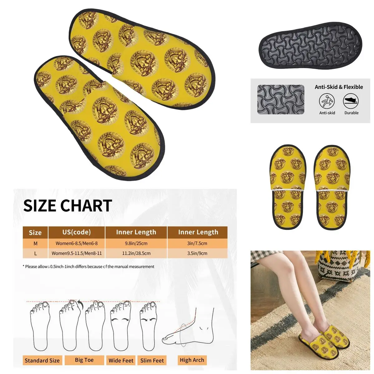 3d Afdrukken Mannen Vrouwen Harige Indoor Slippers, Gouden Leeuw En Damast Ornament Gezellige Speciale Anti-Slippers