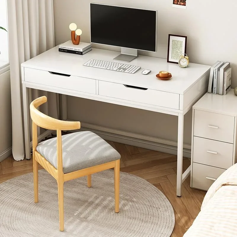 Home Computer Desk with Storage Shelves Modern Executive Study Write Bedroom Single Office Desk with 2 Drawers Work Furniture