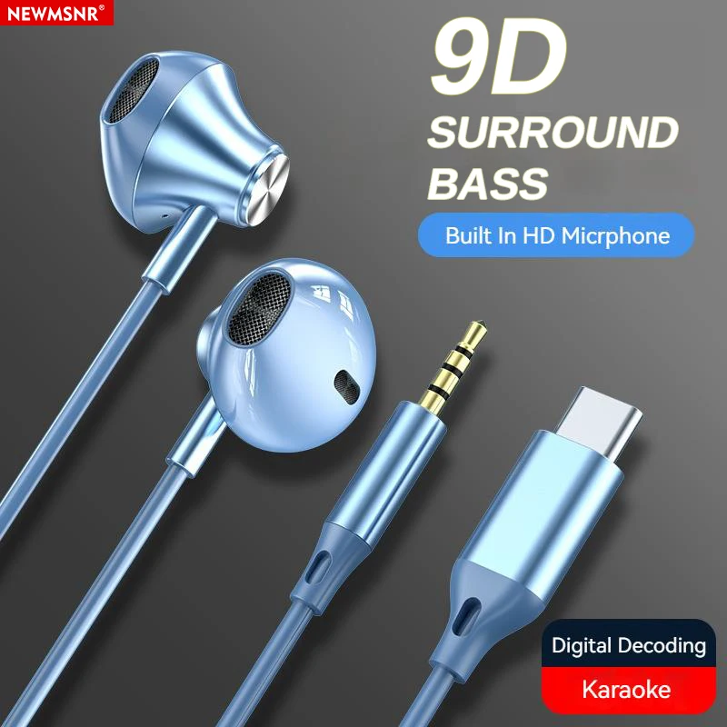 Słuchawki gamingowe 9D Stereo Type C i 3.5mm, przewodowe słuchawki douszne, słuchawki HiFi z mocnym basem do Samsunga, słuchawki douszne z mikrofonem i funkcją głośnomówiącą.