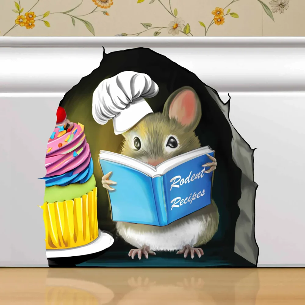 3D Mouse Reading Book  in Towel in Mouse Hole Wall Decal  Mouse Hole Wall Sticker  Bedroom Living Room Decor