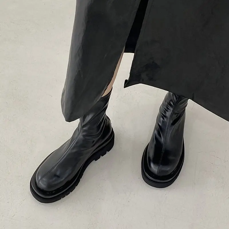 

Женские эластичные короткие ботинки на массивном каблуке, модная обувь с молнией сзади, осенне-зимняя обувь на платформе, женские ботильоны на плоской подошве, 2025 г.