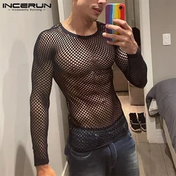 INCERUN 2024 Men T Shirt Mesh Transparent O-neck Long Sleeve T-shirts Sexy Streetwear Fashion Party Nightclub Men Clothing S-5XL