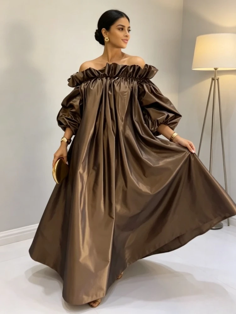 Women Brown Off Shoulder Maxi Dress Elastic Ruffle Puff Sleeve Loose Fit Solid Color Elegant Casual Party Spring Autumn Dresses