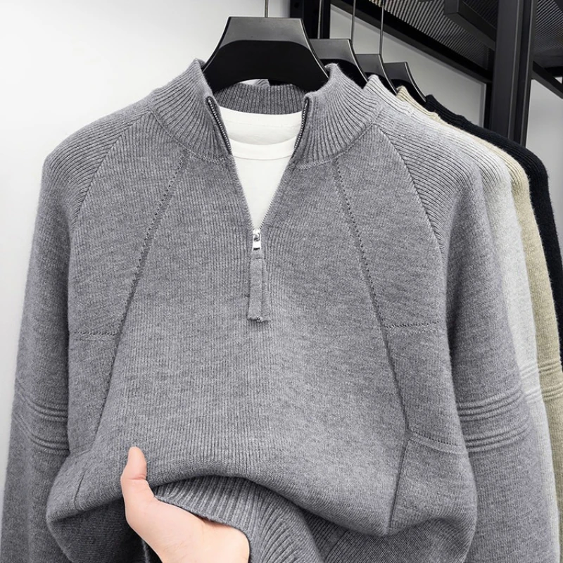 

Men's 850g Thickened Semi-Zip Knit Sweater - Light Gray (Green/Charcoal/Black) S-XL Thick Knit Half High-neck Pullover
