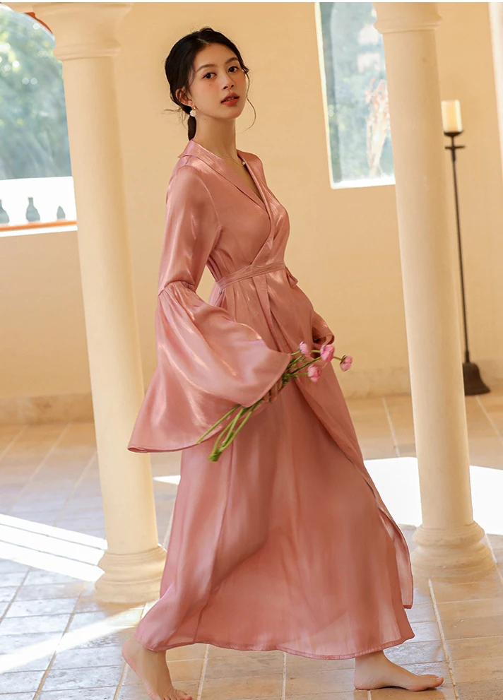 Elegant Pink Long Robe Wedding Bride Bathrobe Gown Women Sexy Flare Sleeve Kimono Nightgown French Style Loungewear New Spring