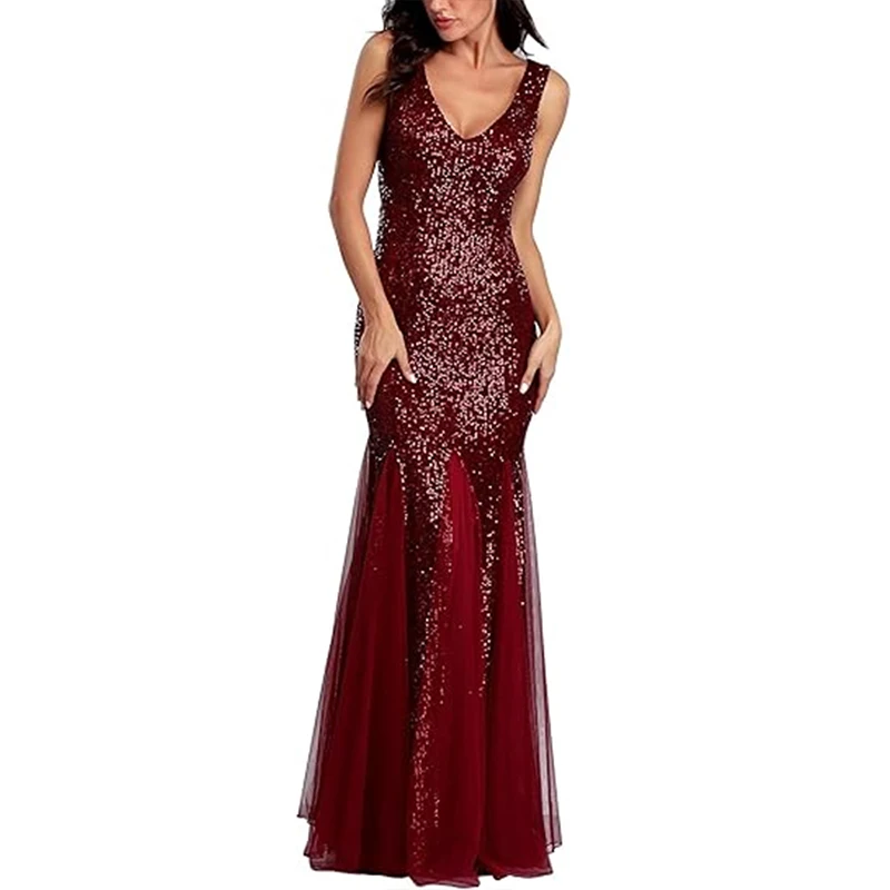 Women's Sexy V-Neck Sleeveless Tulle Party Dress Sequin Long Evening Prom Gown Formal Sexy Dresses for Women