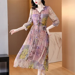 Summer Pink Floral Silk Casual Beach Long Dress Women Chic Puff Sleeve Bow Ruffled Collar Dresses 2024 Elegant Bodycon Prom Robe