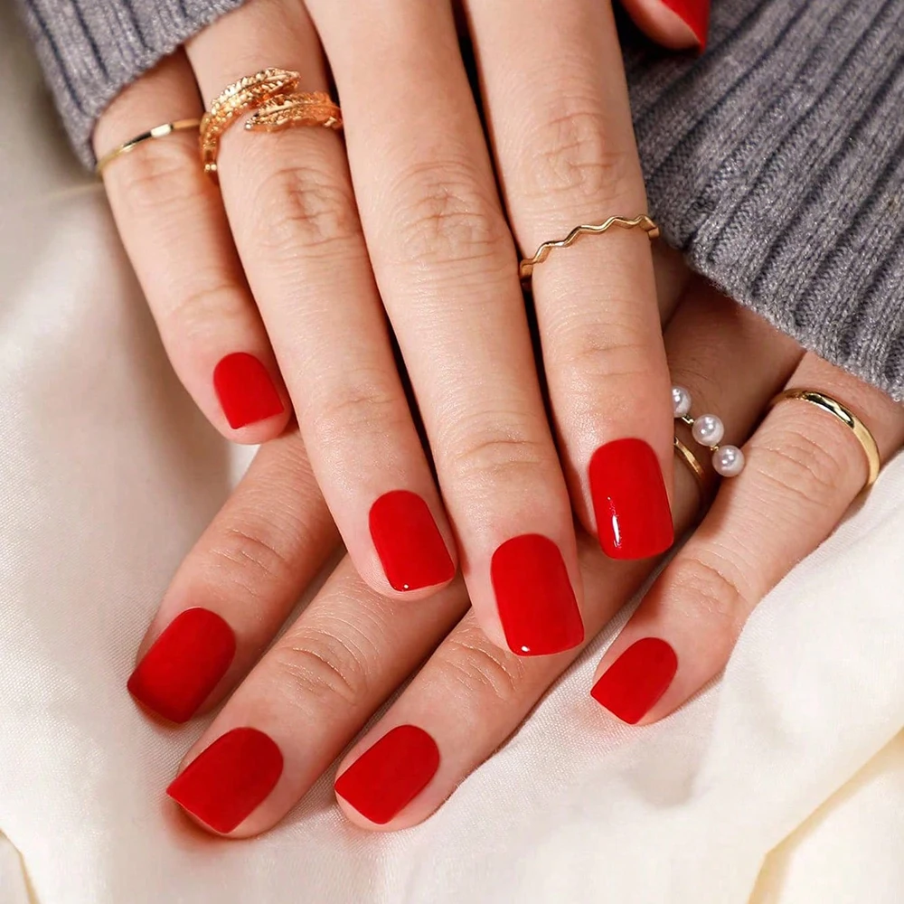 

ARTAUG 24PCS Short Square Red Solid Full Cover Full Cover Fake Nail Set Cheap Nails Summer Nails Delicate Nails
