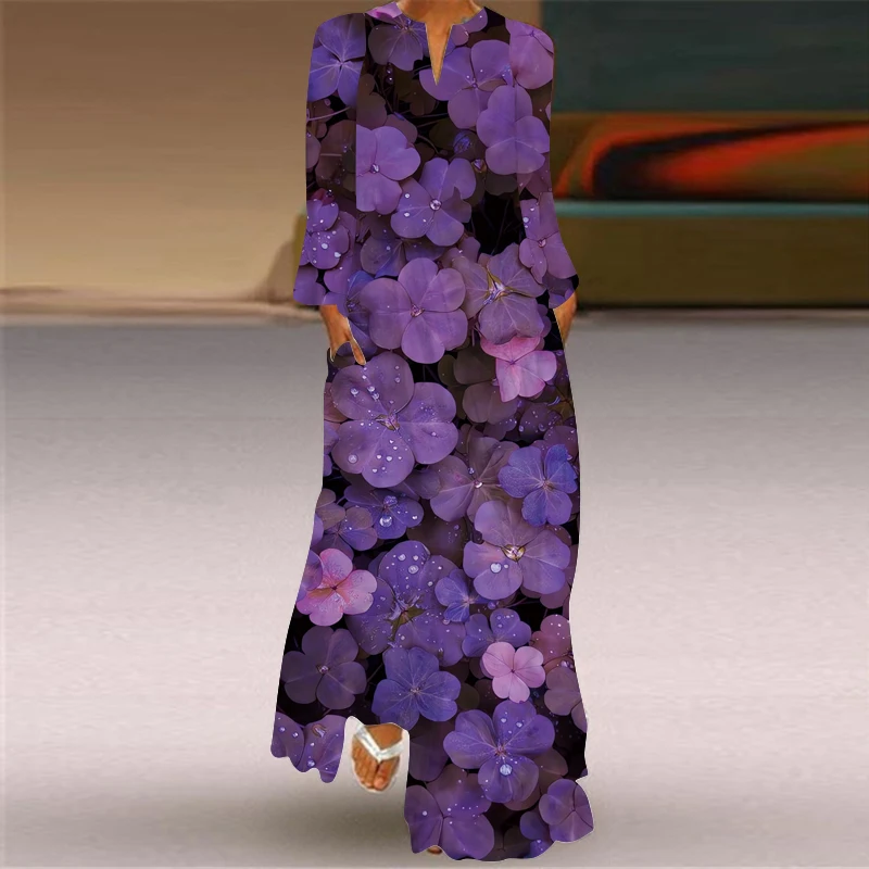 Plus Size Ladies Spring Summer Long Dress Women Long Sleeve V-neck Elegant Dresses Party Casual Purple Printed Vintage 3D Dress