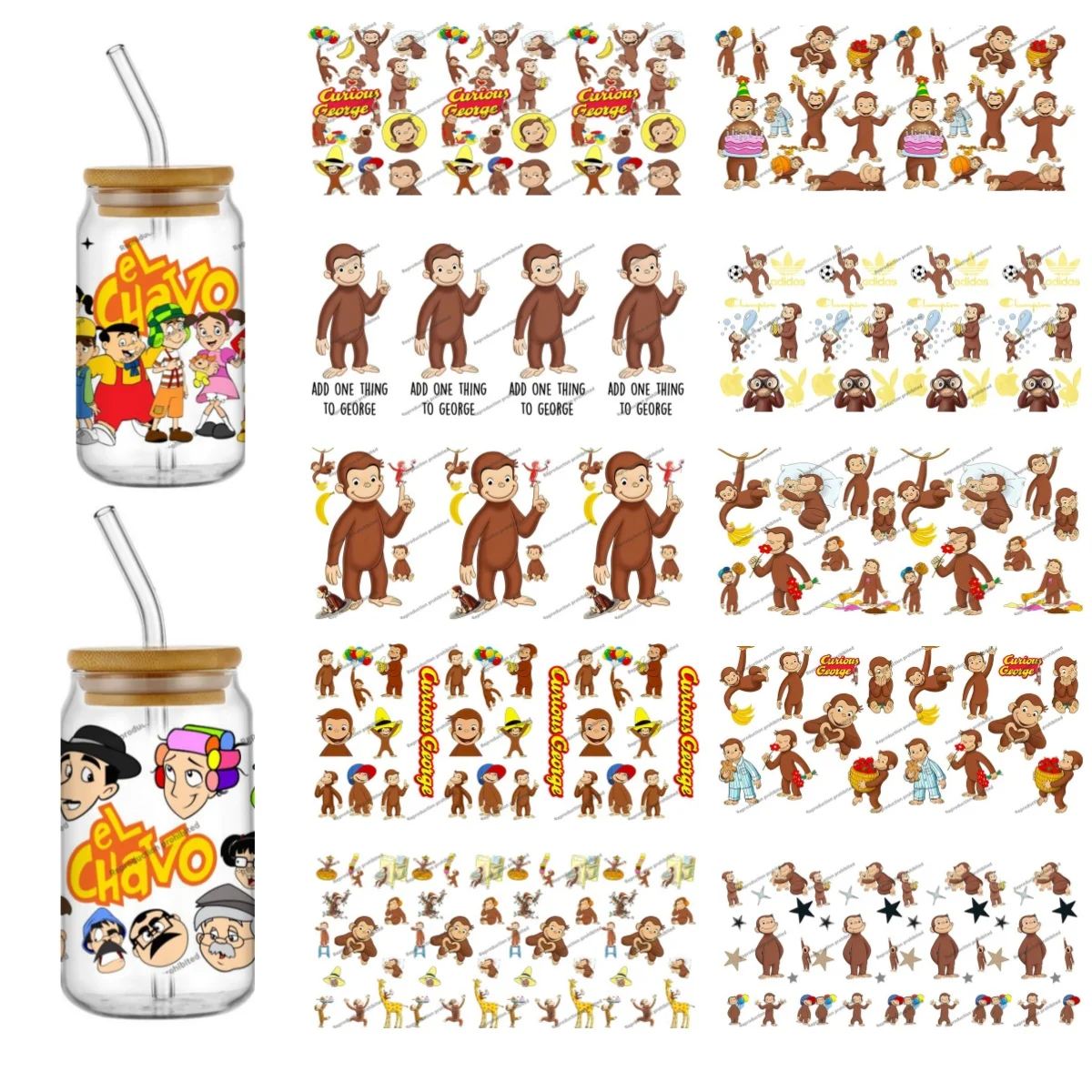 

Miniso Curious monkey George 16oz Libbey Glass Can UV DTF Wrap DIY Libbey Glass Can UV DTF Transfer Senior 3D Sticker