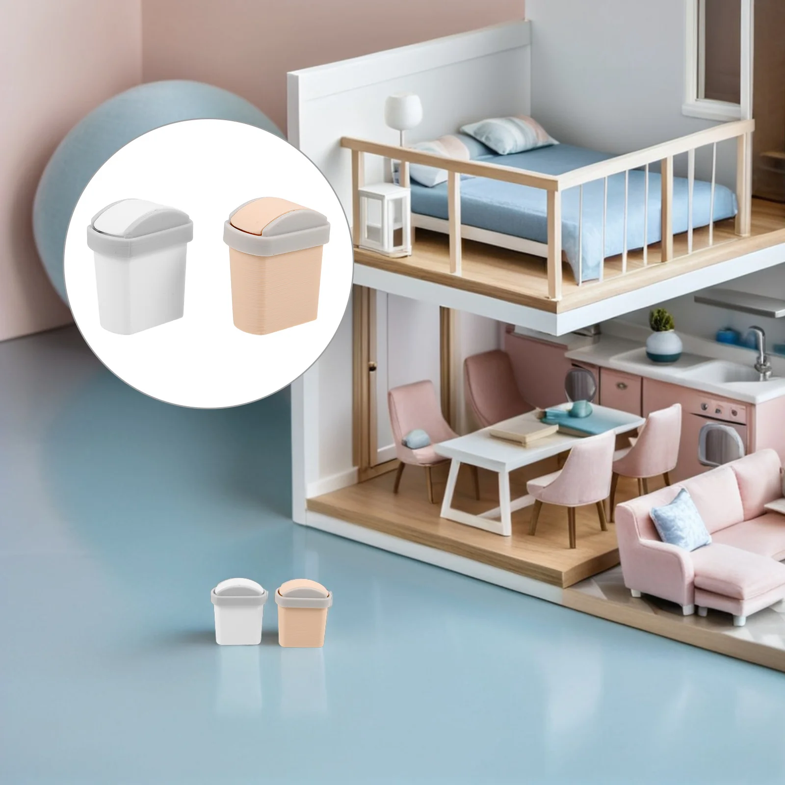 Lixeira em miniatura com tampa giratória, 2 peças, escala 1:12, decoração de móveis para casa de bonecas, pequena lixeira de plástico, armazenamento de mesa