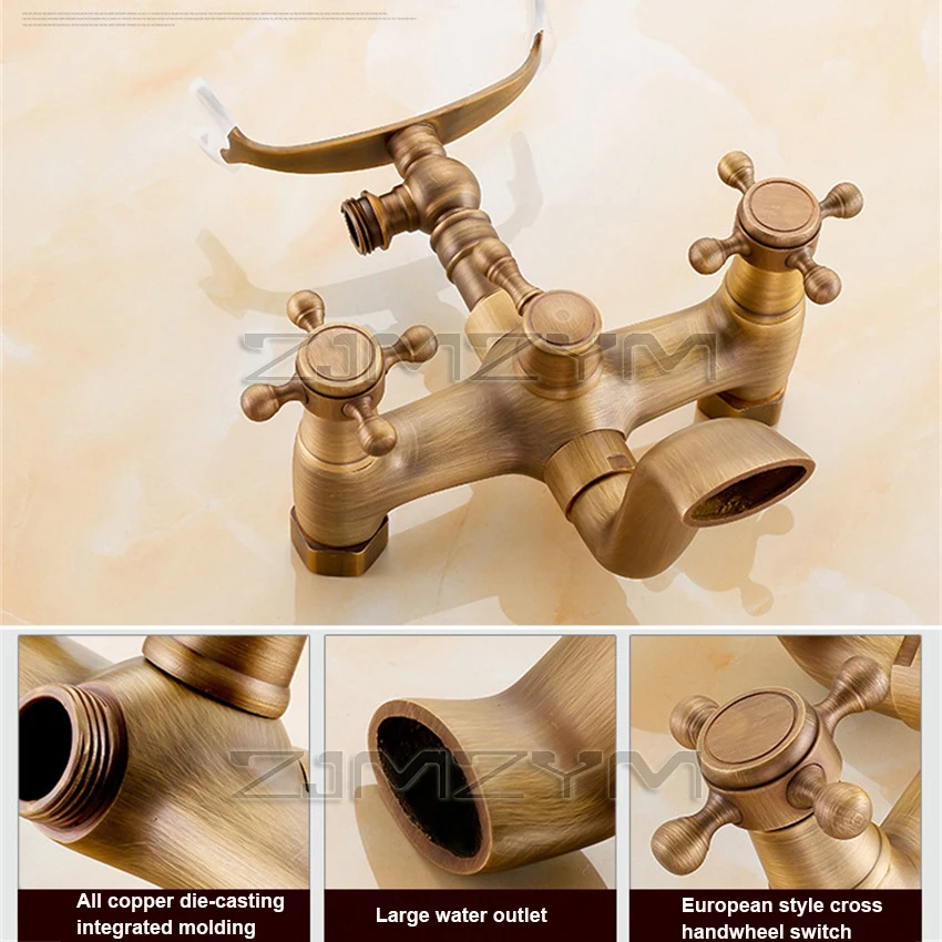 Retro Style Brass Bathtub Shower Faucet Set Dual Knobs Wall Mounted Bathtub Mixer with Handshower and Swivel Tub Spout Tap